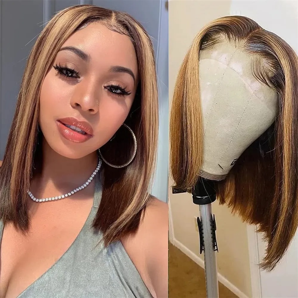 Peruca loira com mechas, peruc - Pre Parted 13X4 Lace Front Bob Wig avaliação e preço